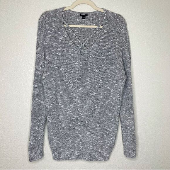 NWOT Torrid Marled Front Criss Cross Neckline Pullover Sweater - Picture 2 of 14